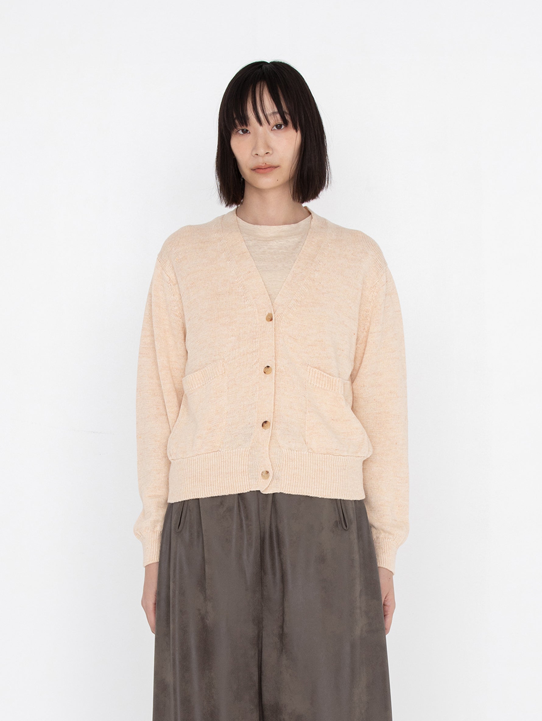 BATONER | WASHED HIGH COUNT LINEN V NECK CARDIGANBN-25SL-021
