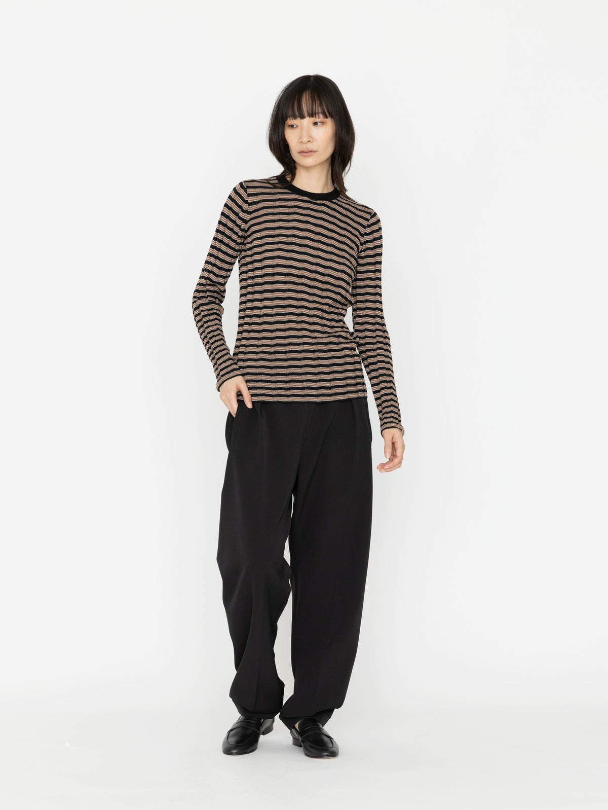 BATONER | SOLID WOOL WIDE RIB BORDERCREW NECK BN-26FL-019