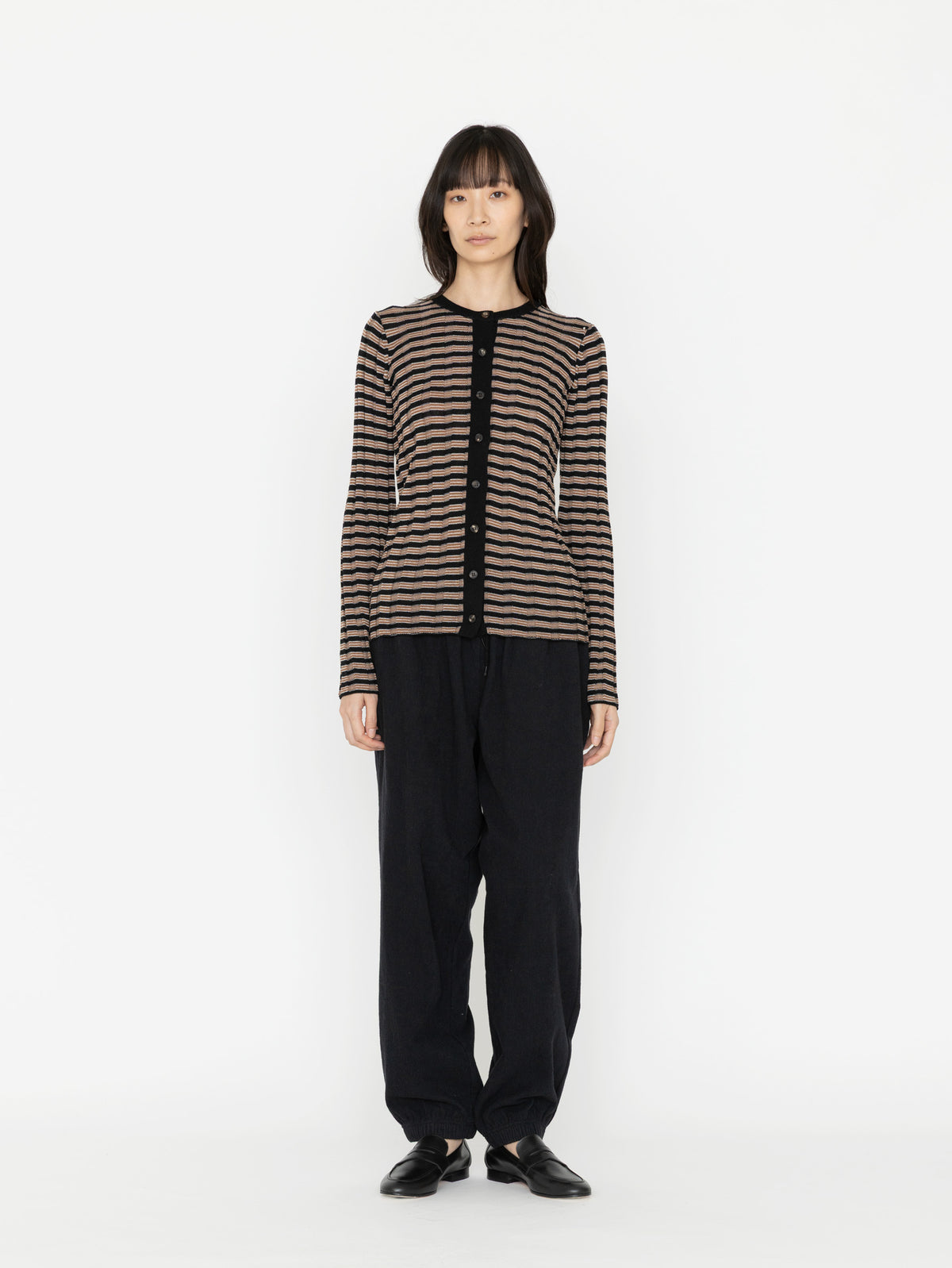 BATONER | SOLID WOOL WIDE RIB BORDER CREW NECK CARDIGAN BN-26FL-020