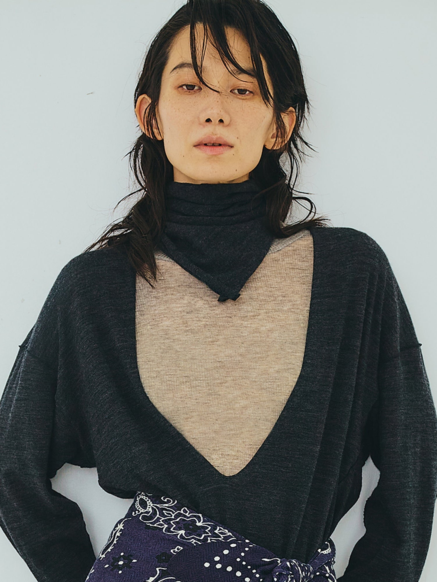 ★新品未使用★gypsohila V Neck Sweat Lightgray GGG | Deep V Neck Long Sleeve Pull Over with Stole 02-01