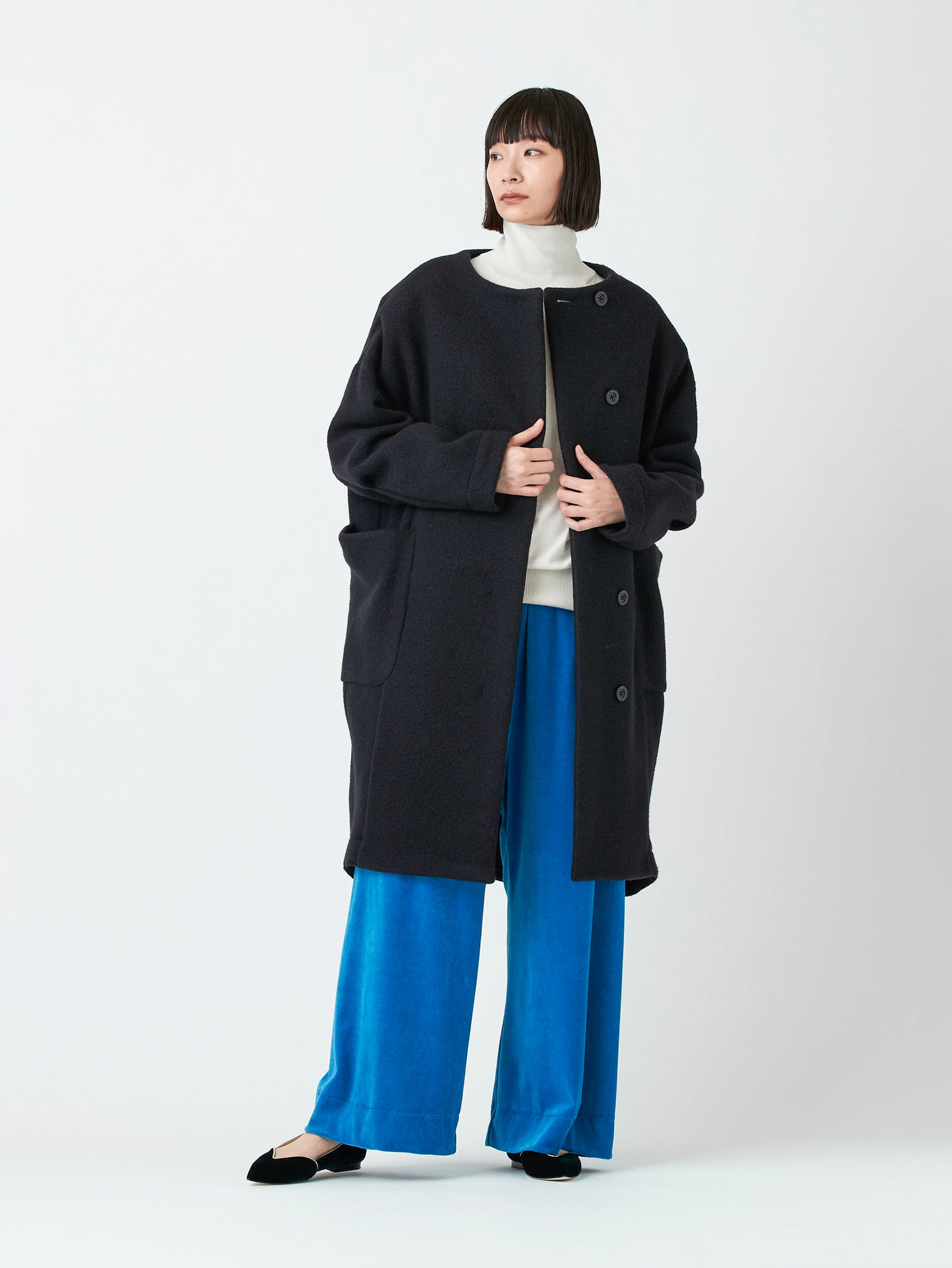 COGTHEBIGSMOKE | ノーカラーコート EMILY ROUND NECK COAT – H+HELIOTROPE