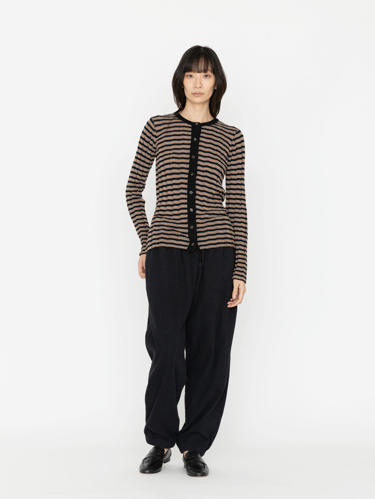 BATONER | SOLID WOOL WIDE RIB BORDER CREW NECK CARDIGAN BN-26FL-020