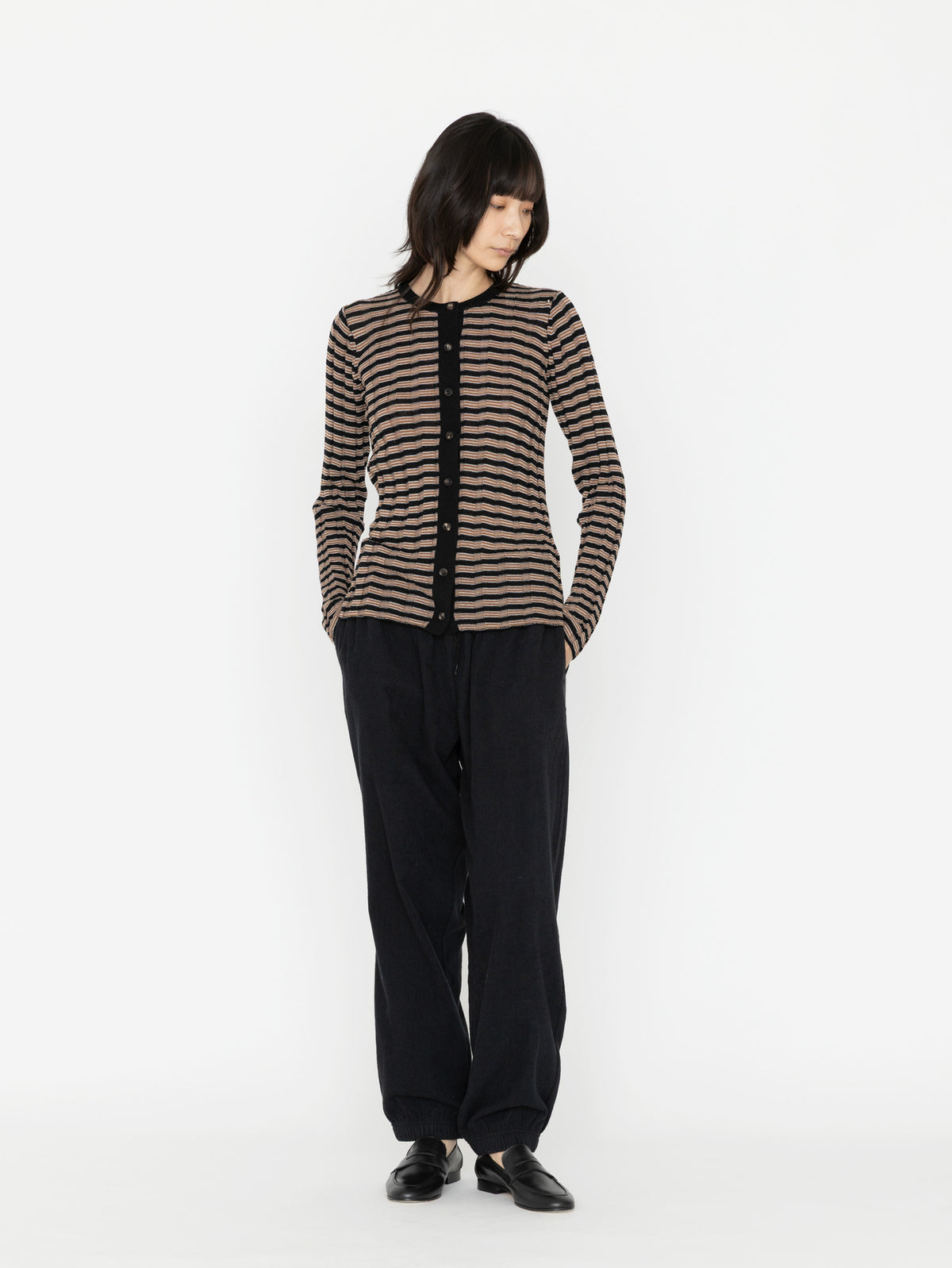 BATONER | SOLID WOOL WIDE RIB BORDER CREW NECK CARDIGAN BN-26FL-020